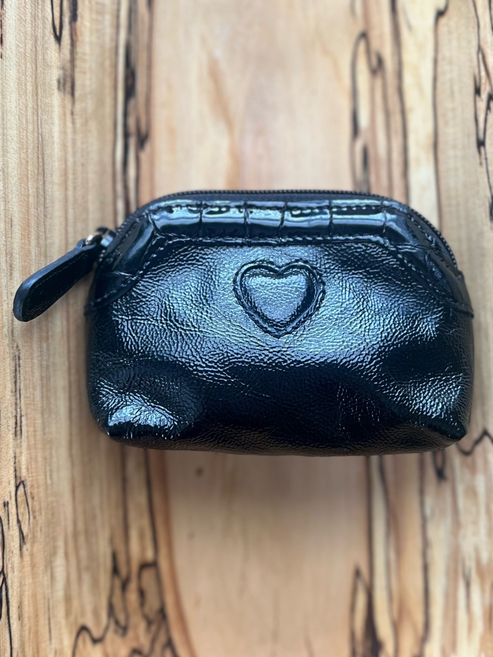 Brighton Black Patent Leather Heart Mini Pouch with Croc Trim